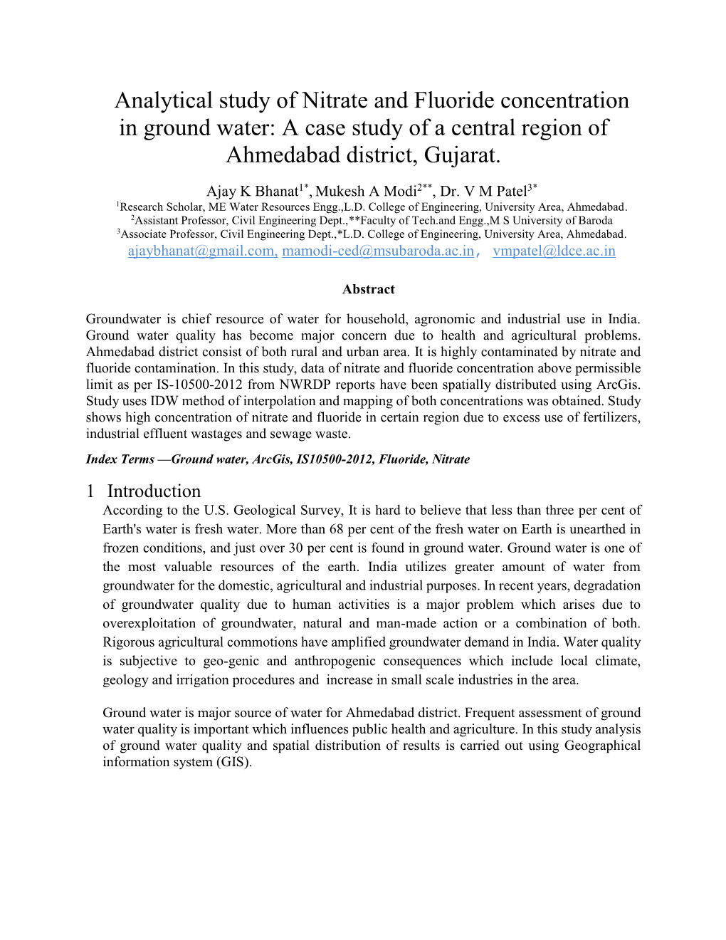 Analytical Study of Nitrate and Fluoride Concentration in Ground Water: a Case Study of a Central Region of Ahmedabad District, Gujarat