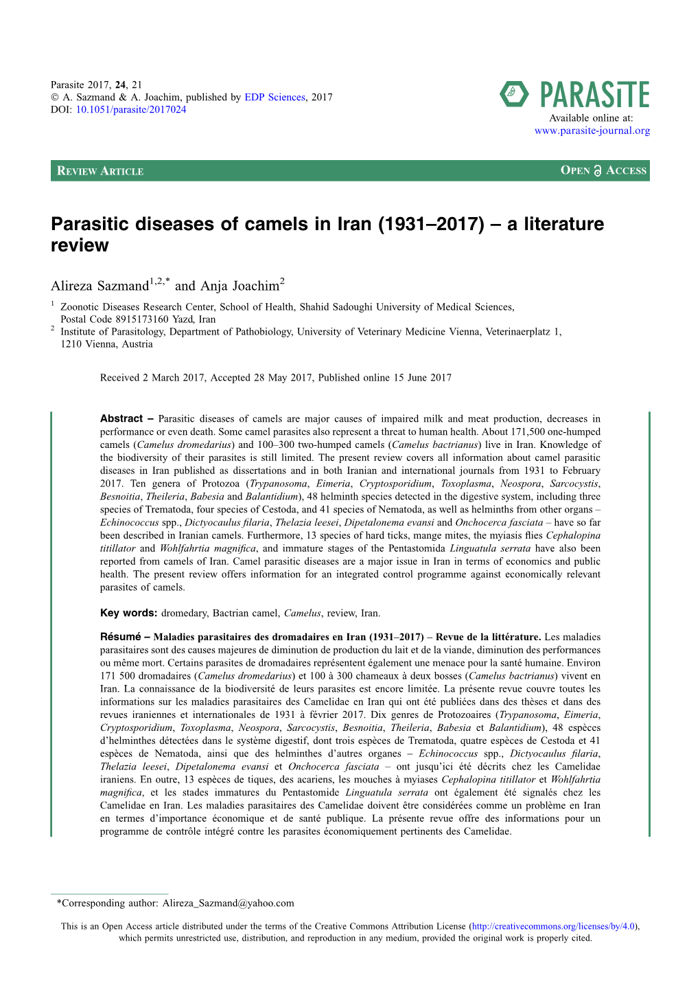 Parasitic Diseases of Camels in Iran (1931–2017) – a Literature Review