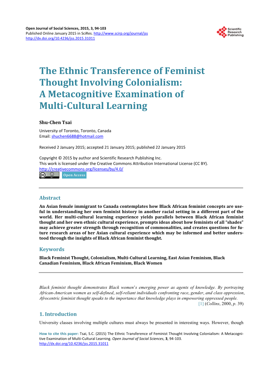 The Ethnic Transference of Feminist Thought Involving Colonialism: a Metacognitive Examination of Multi-Cultural Learning