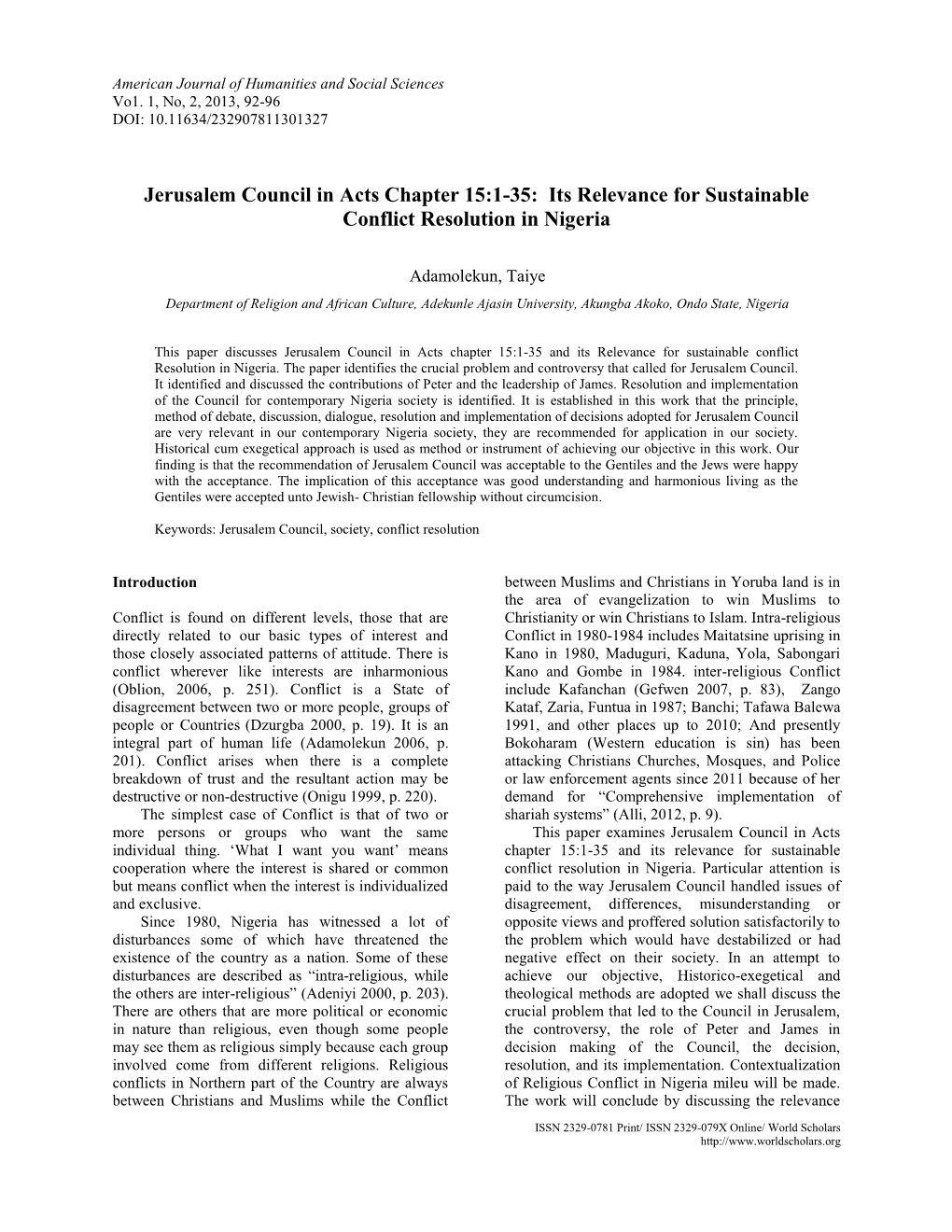 Jerusalem Council in Acts Chapter 15:1-35: Its Relevance for Sustainable Conflict Resolution in Nigeria