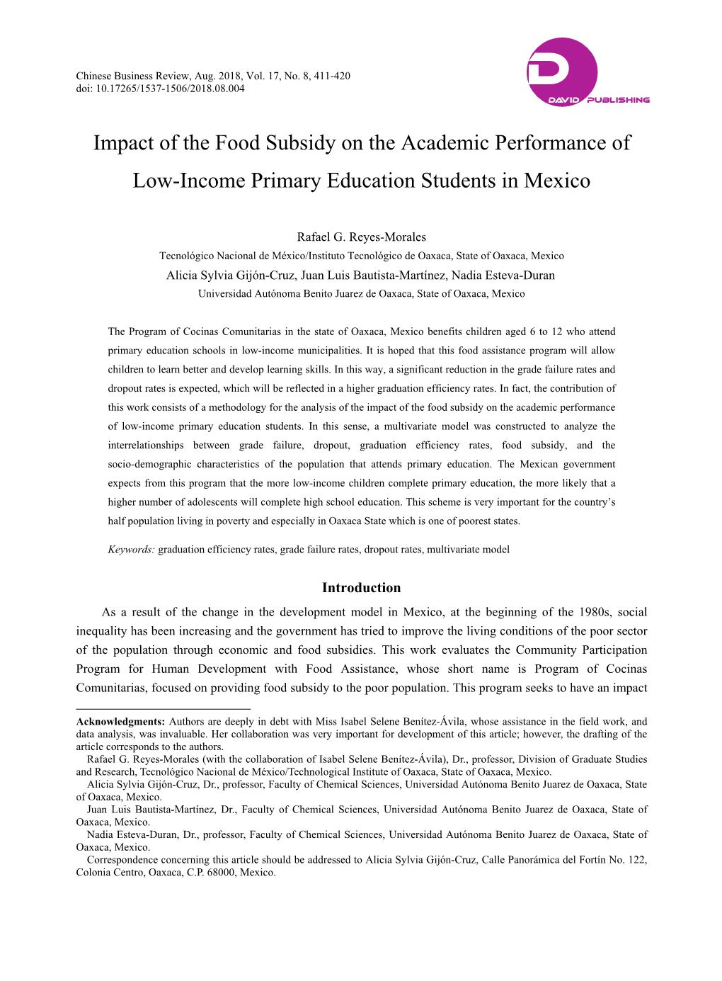 Impact of the Food Subsidy on the Academic Performance of Low-Income Primary Education Students in Mexico