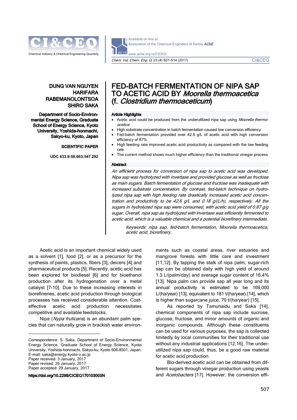 Fed-Batch Fermentation of Nipa Sap to Acetic Acid by Moorella Thermoacetica