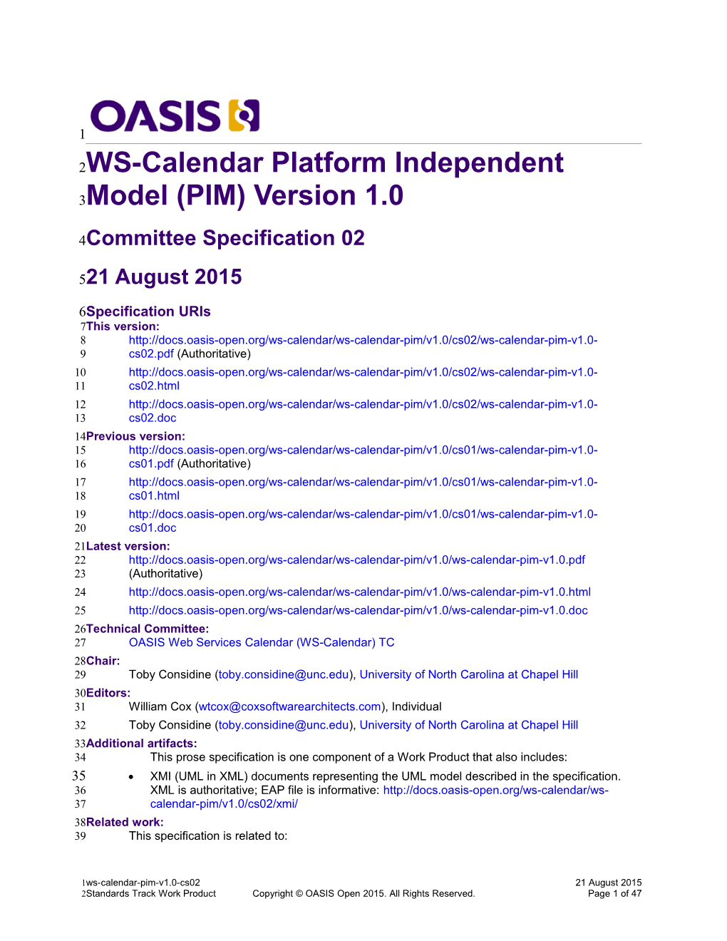 WS-Calendar Platform Independent Model (PIM) Version 1.0