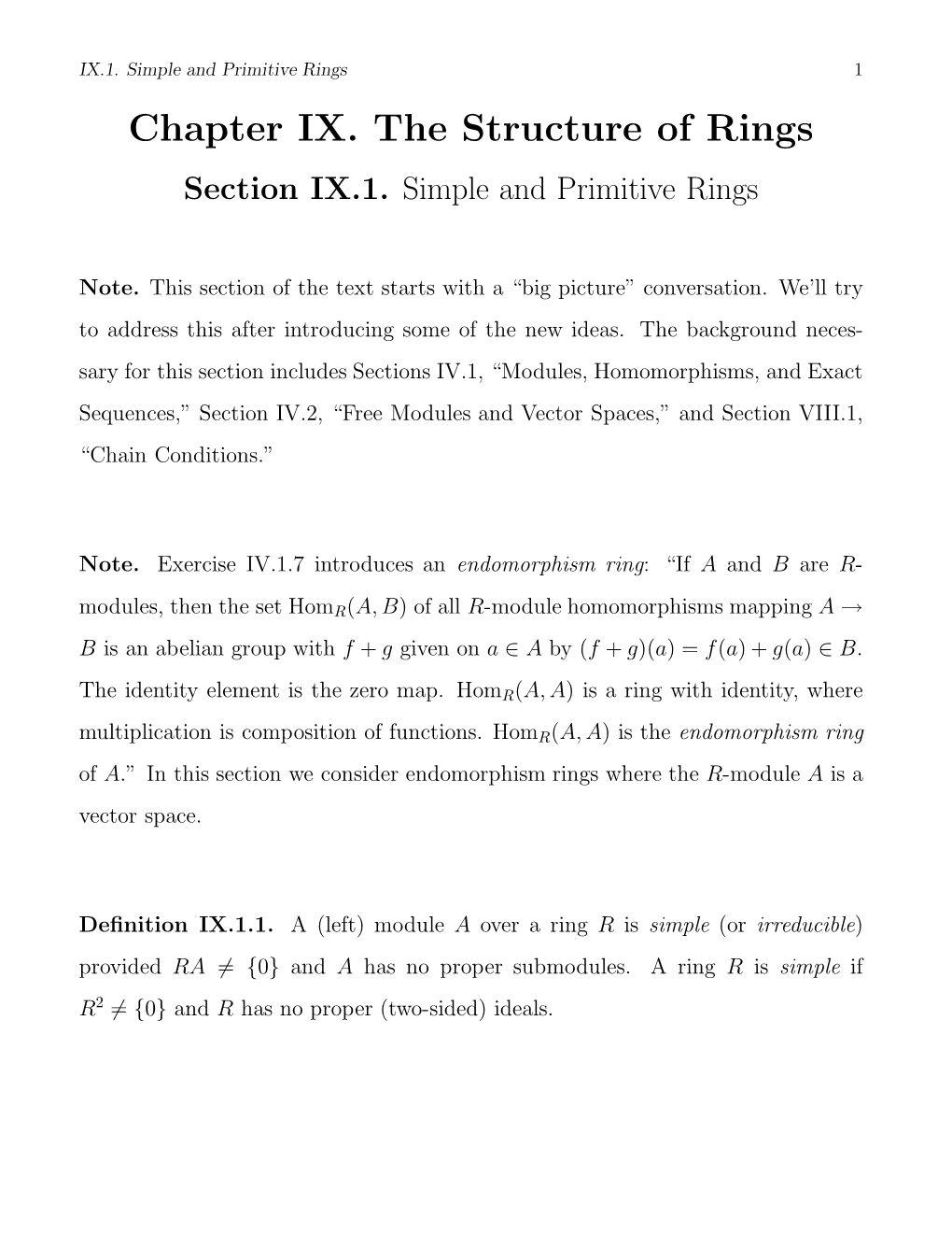 Chapter IX. the Structure of Rings Section IX.1