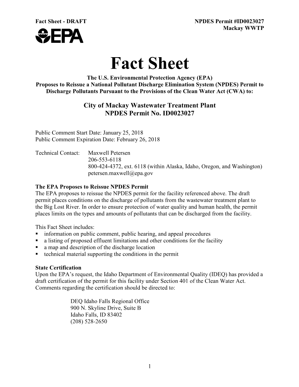 NPDES Permit Fact Sheet, City of Mackay, Idaho, #ID0023027