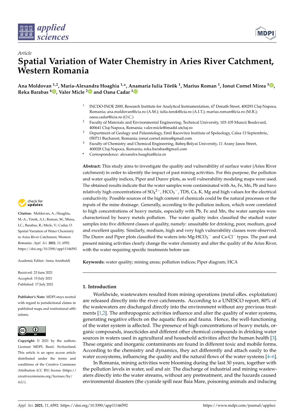 Spatial Variation of Water Chemistry in Aries River Catchment, Western Romania