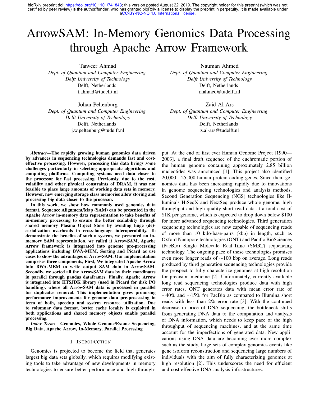 In-Memory Genomics Data Processing Through Apache Arrow Framework