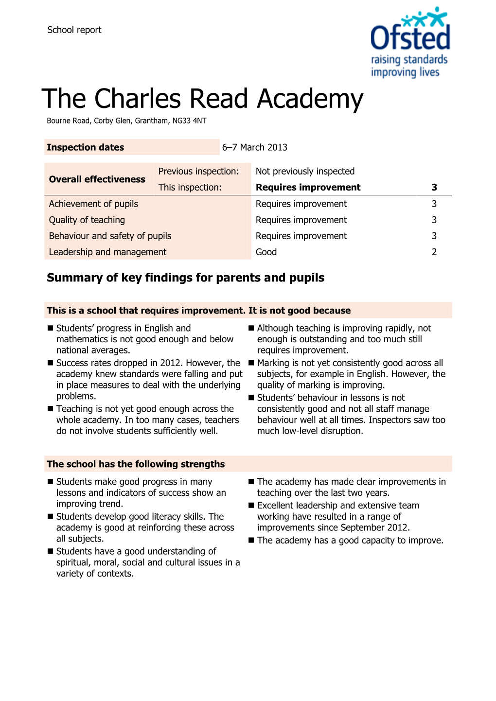 The Charles Read Academy Bourne Road, Corby Glen, Grantham, NG33 4NT