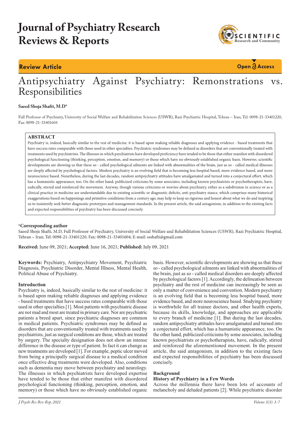 Journal of Psychiatry Research Reviews & Reports