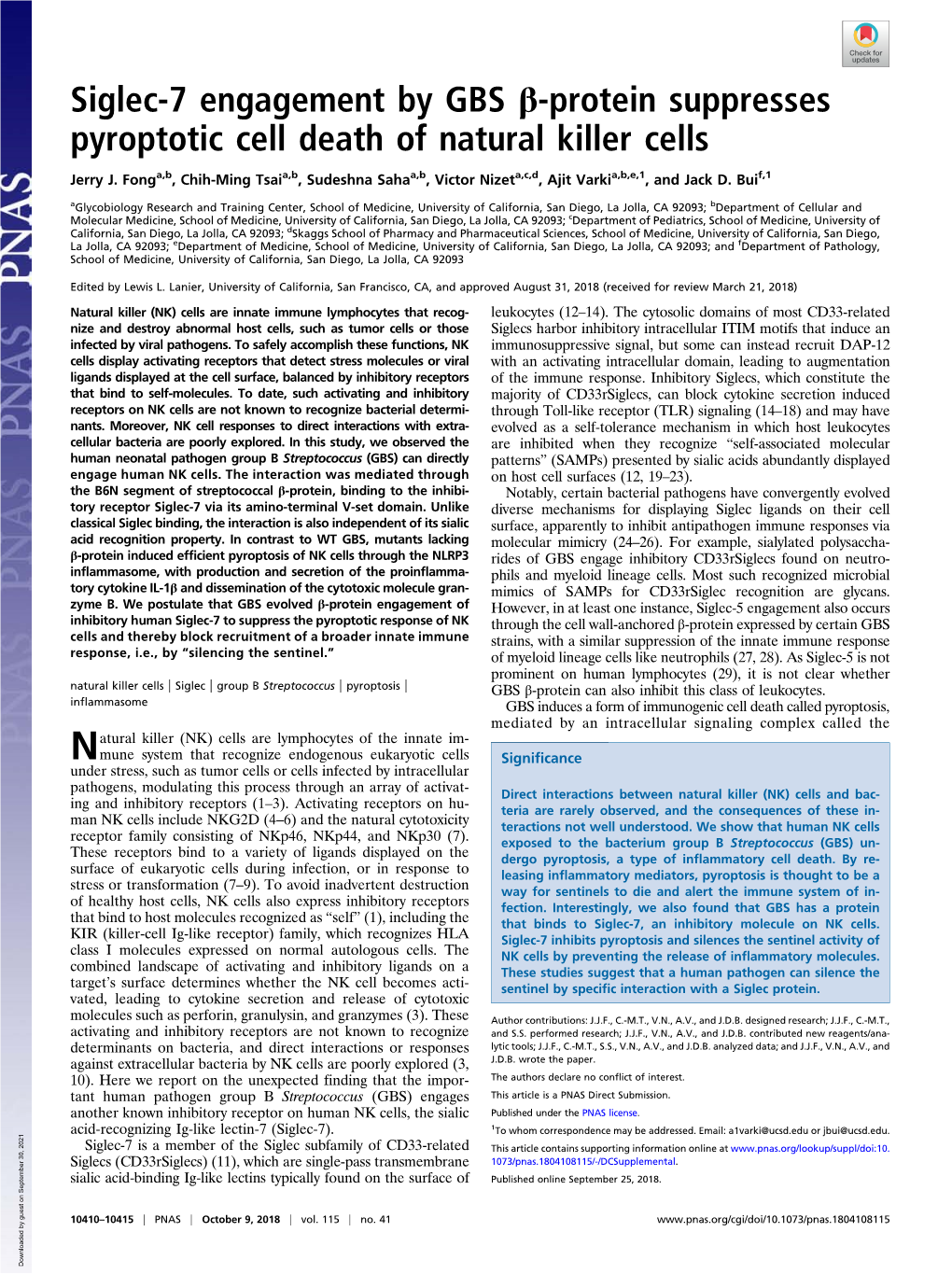 Siglec-7 Engagement by GBS Β-Protein Suppresses Pyroptotic Cell Death of Natural Killer Cells