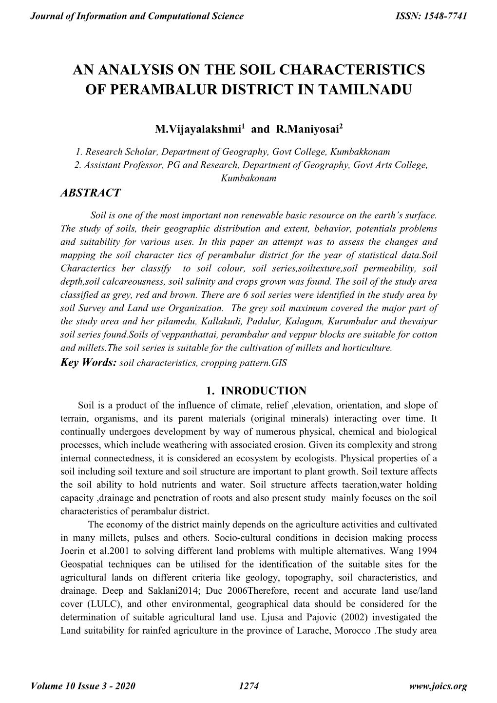 An Analysis on the Soil Characteristics of Perambalur District in Tamilnadu