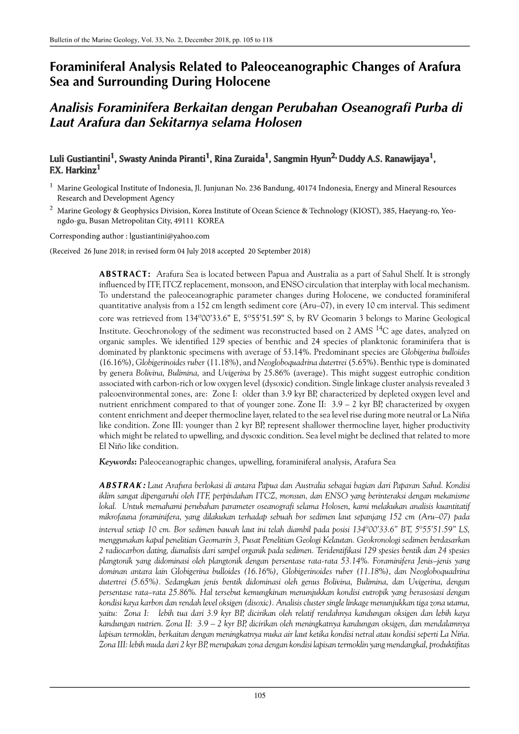 Foraminiferal Analysis Related to Paleoceanographic Changes of Arafura Sea and Surrounding During Holocene