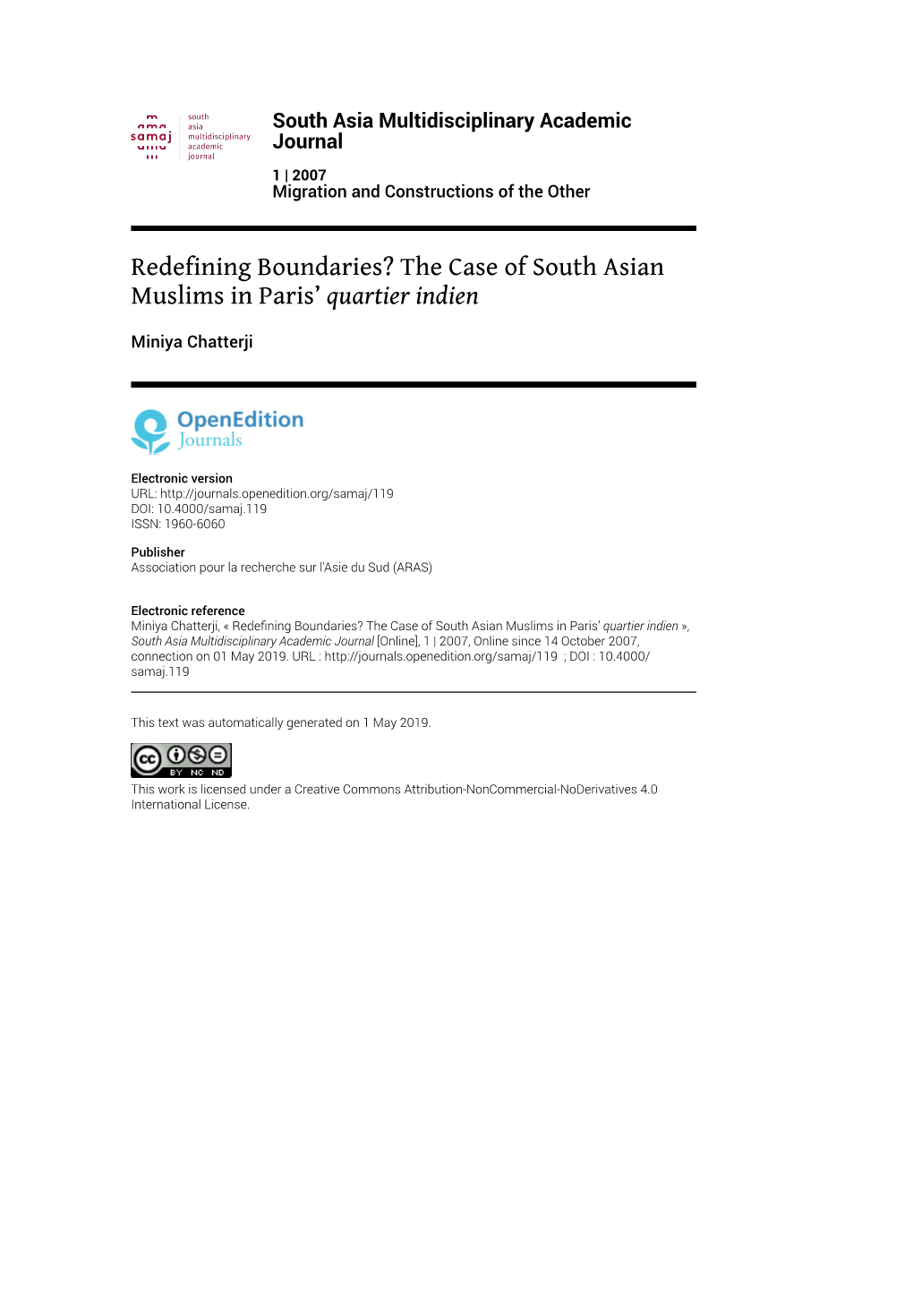 South Asia Multidisciplinary Academic Journal, 1 | 2007 Redefining Boundaries? the Case of South Asian Muslims in Paris’ Quartier Indien 2