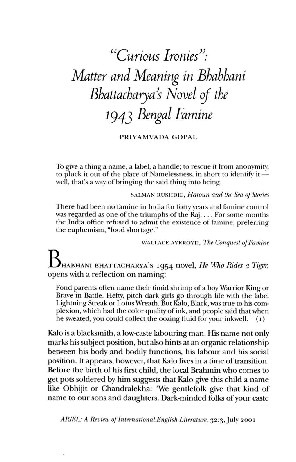 Matter and Meaning in Bhabhani Bhattacharyas Novel of the 1943 Bengal Famine