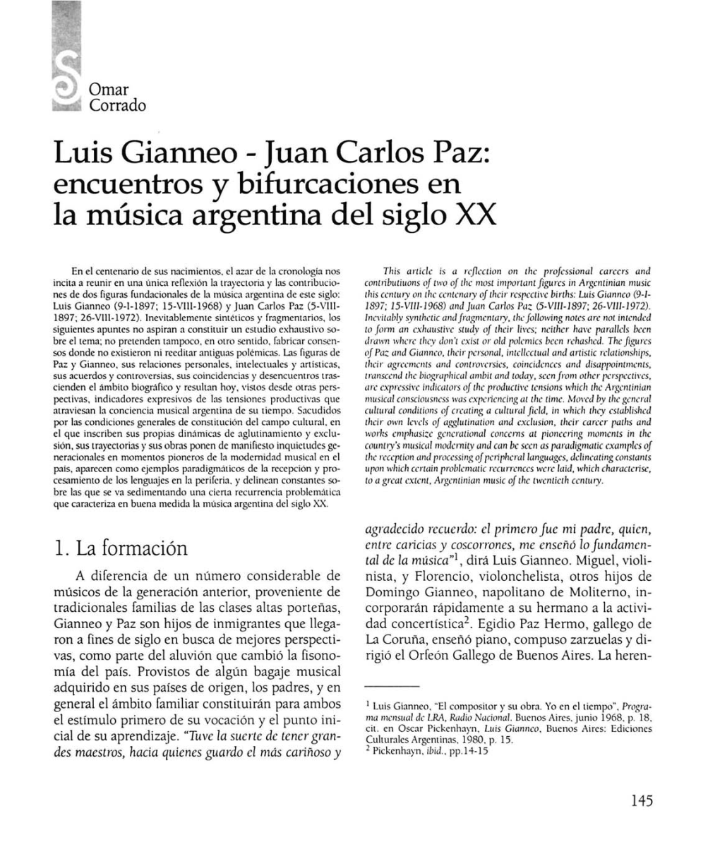 Luis Gianneo - Juan Carlos Paz: Encuentros Y Bifurcaciones En La Música Argentina Del Siglo XX