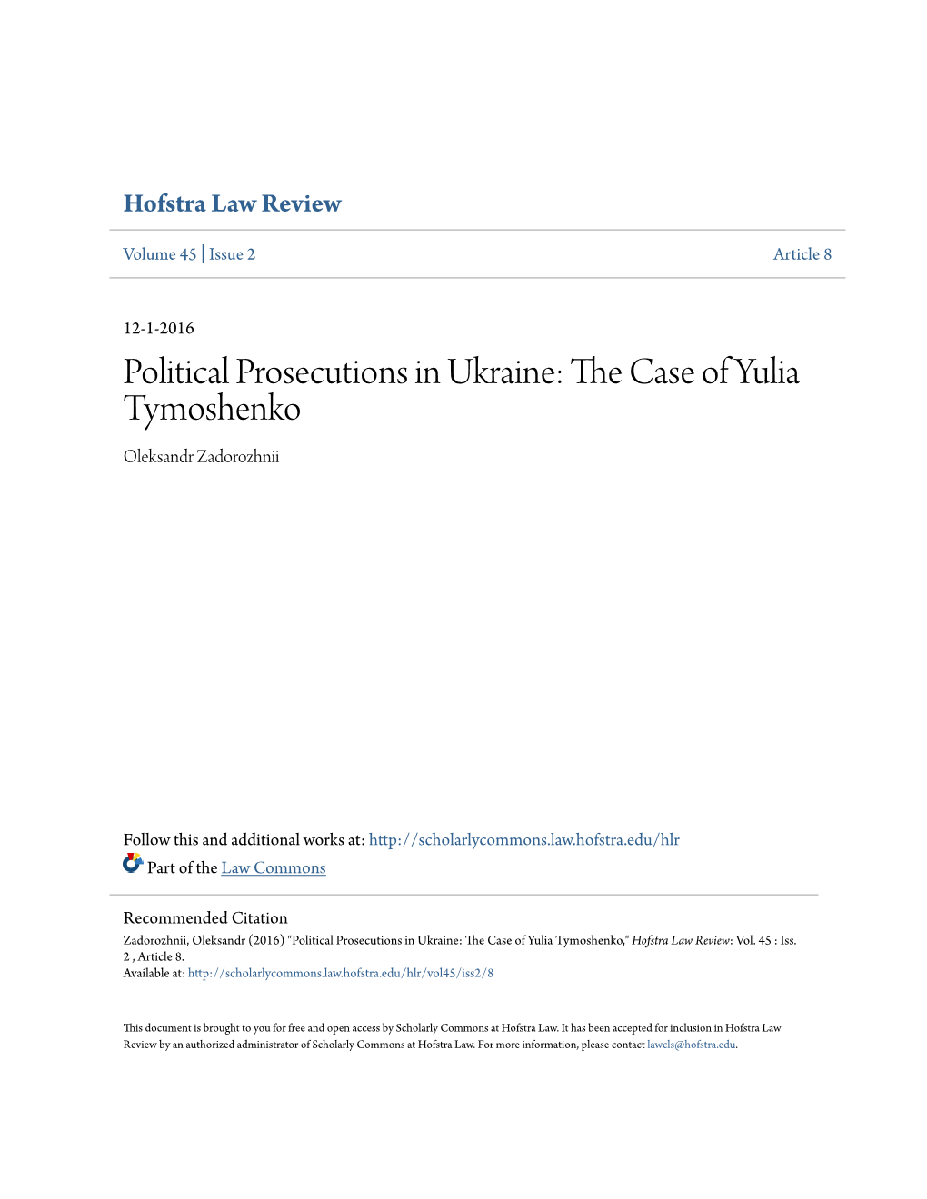 Political Prosecutions in Ukraine: the Case of Yulia Tymoshenko