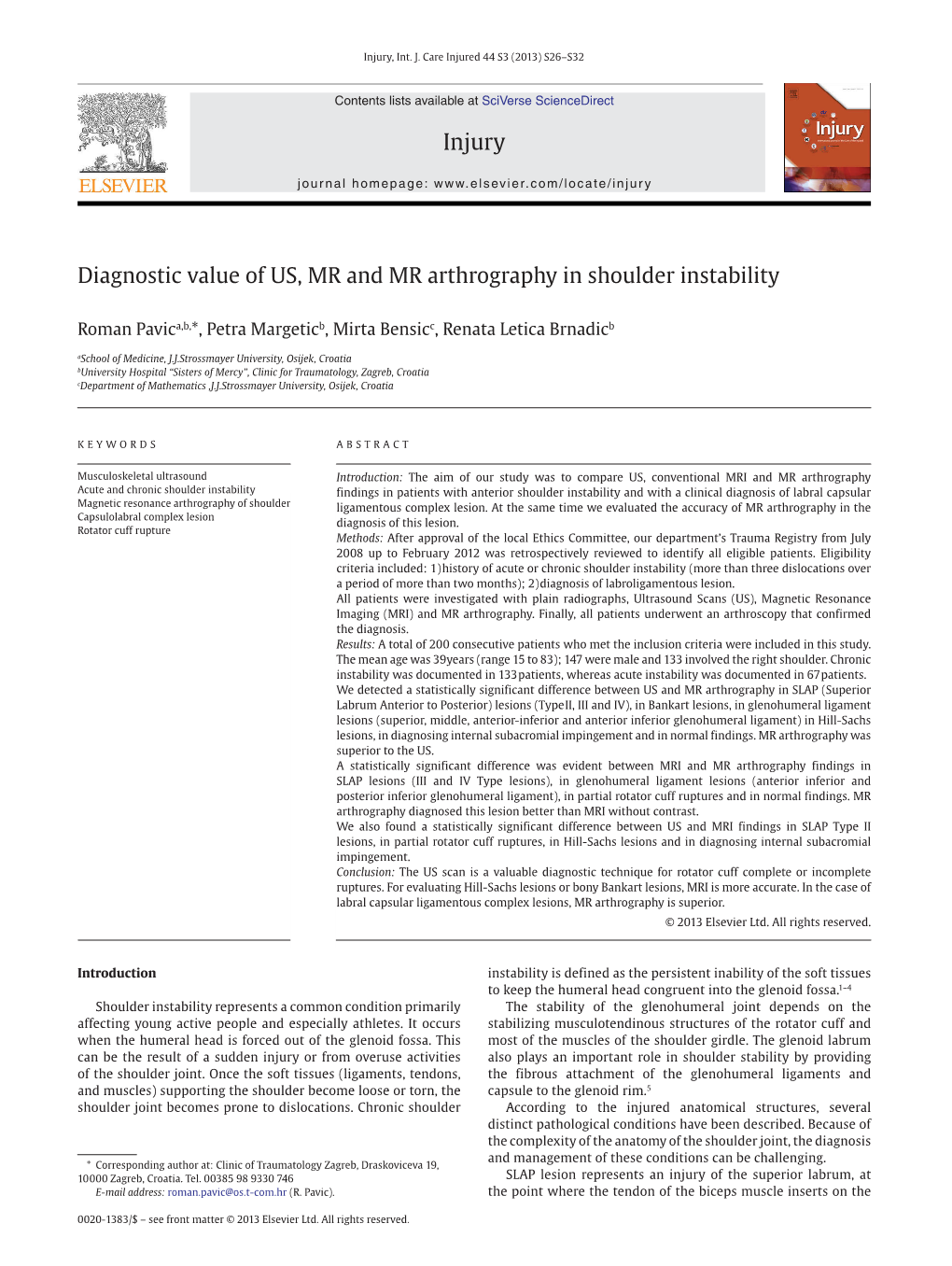 Diagnostic Value of US, MR and MR Arthrography in Shoulder Instability