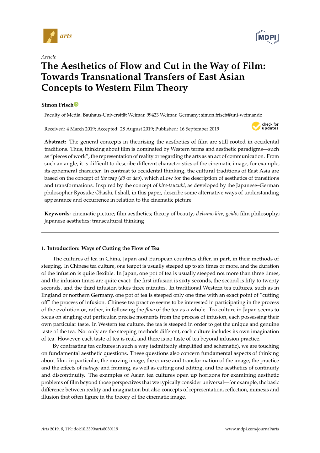 The Aesthetics of Flow and Cut in the Way of Film: Towards Transnational Transfers of East Asian Concepts to Western Film Theory