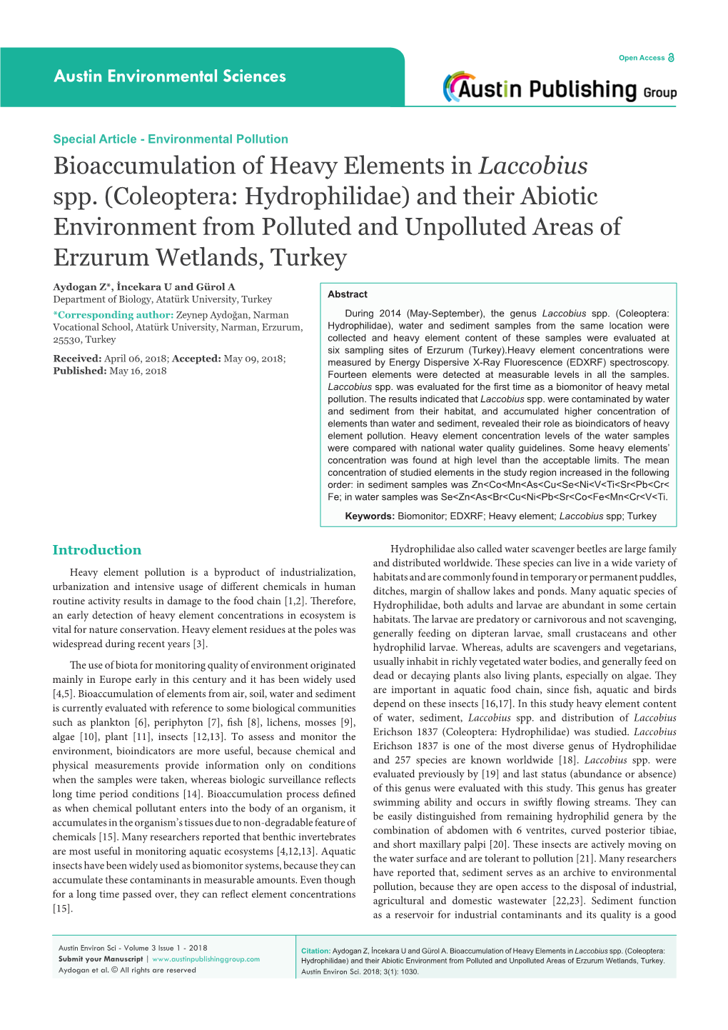 Bioaccumulation of Heavy Elements in Laccobius Spp