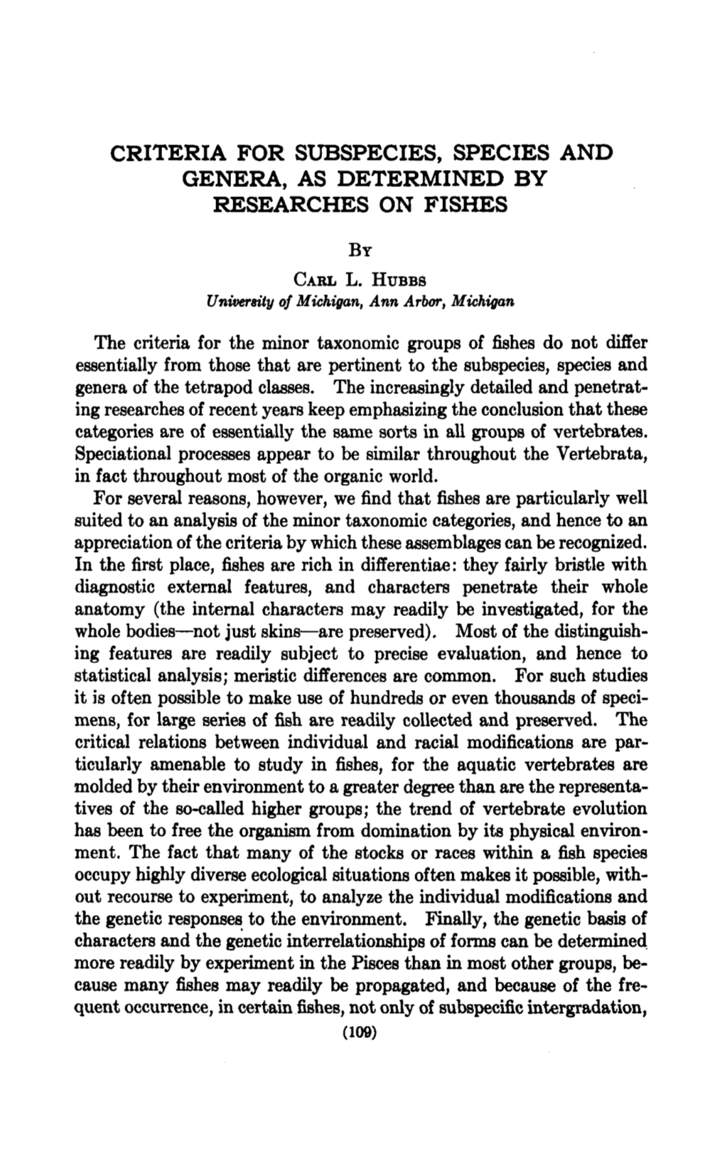 Criteria for Subspecies, Species and Genera, As Determined by Researches on Fishes by Carll