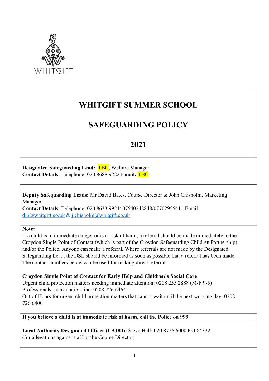 Whitgift Summer School Safeguarding Policy 2021