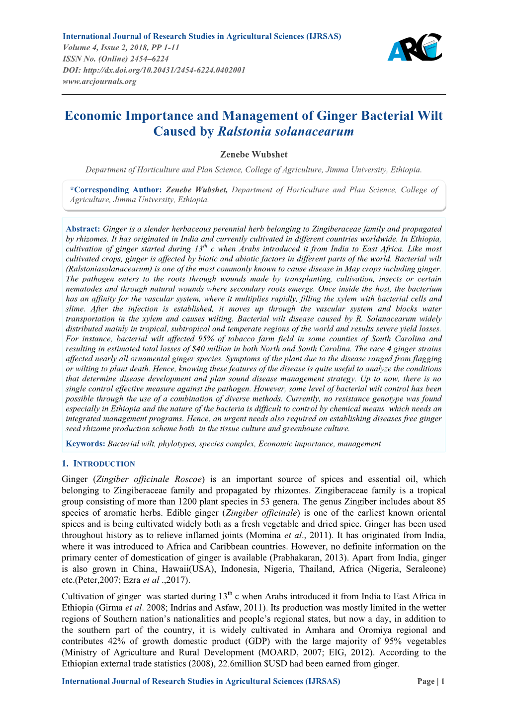 Economic Importance and Management of Ginger Bacterial Wilt Caused by Ralstonia Solanacearum