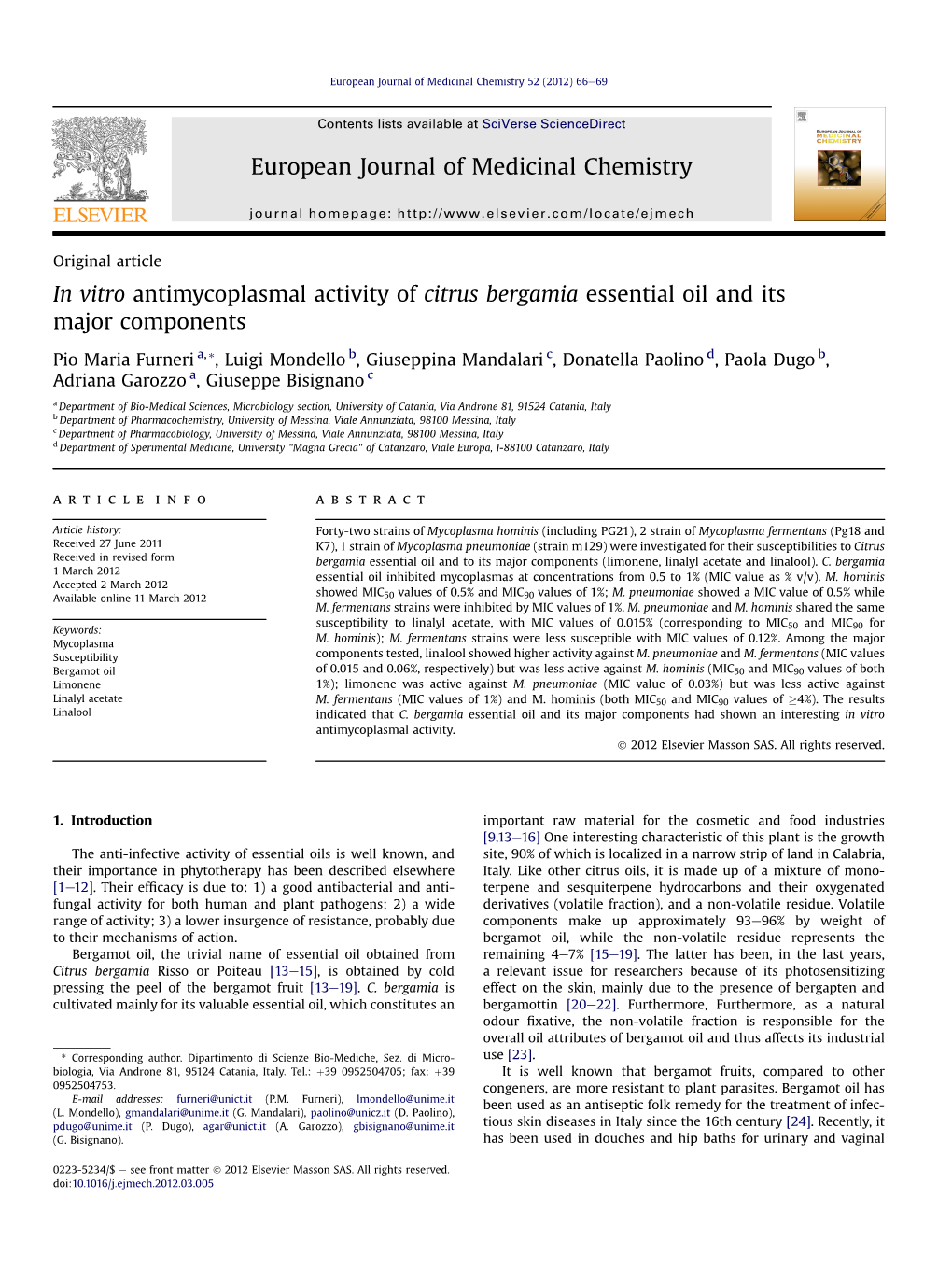 In&Nbsp;Vitro Antimycoplasmal Activity of Citrus Bergamia