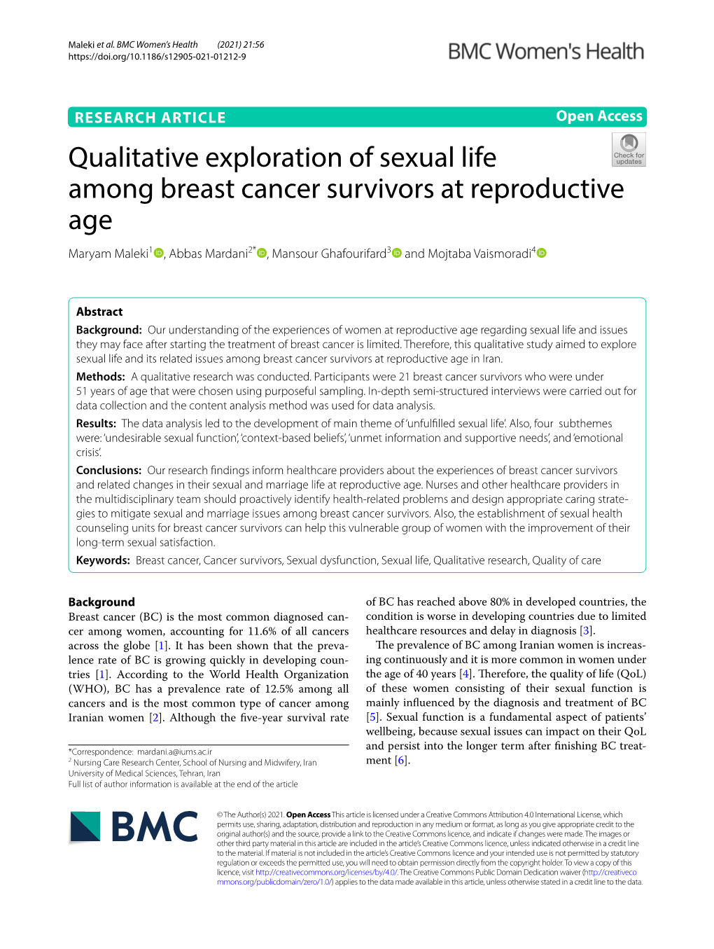 Qualitative Exploration of Sexual Life Among Breast Cancer Survivors At