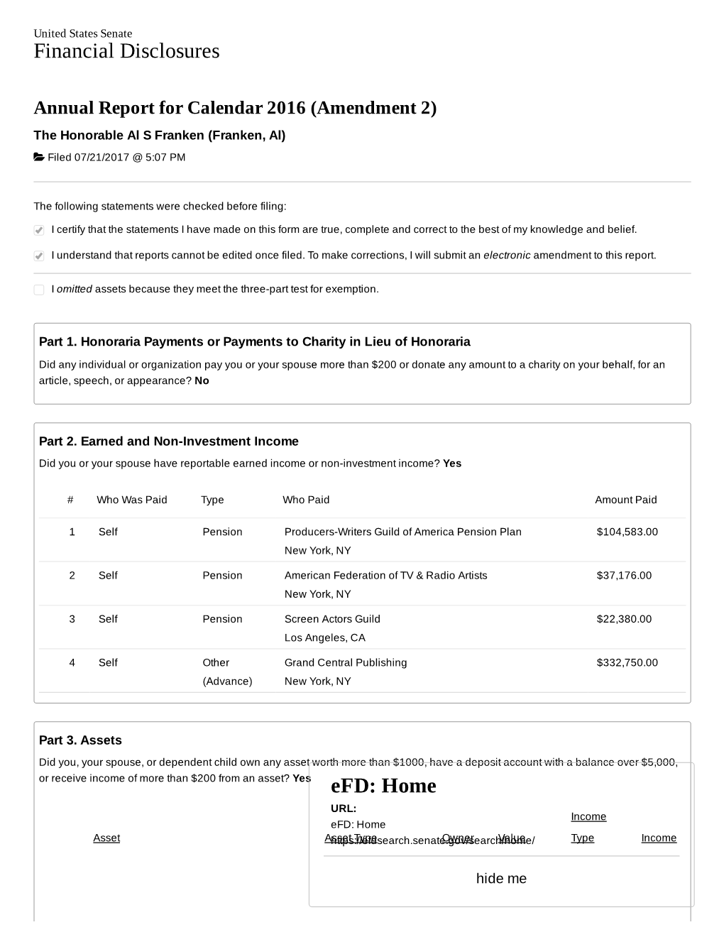 Al Franken Annual Financial Disclosure 2016