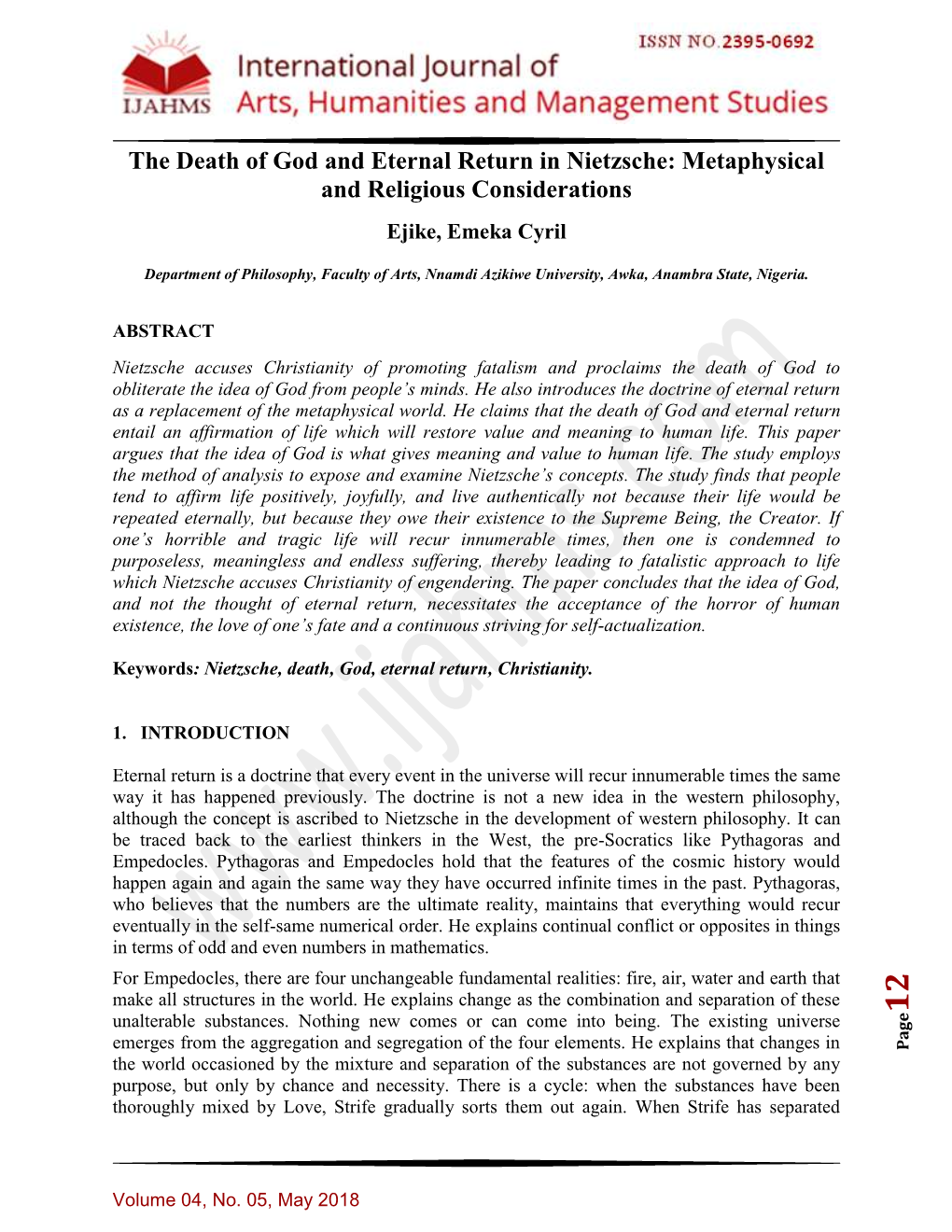 The Death of God and Eternal Return in Nietzsche: Metaphysical and Religious Considerations Ejike, Emeka Cyril