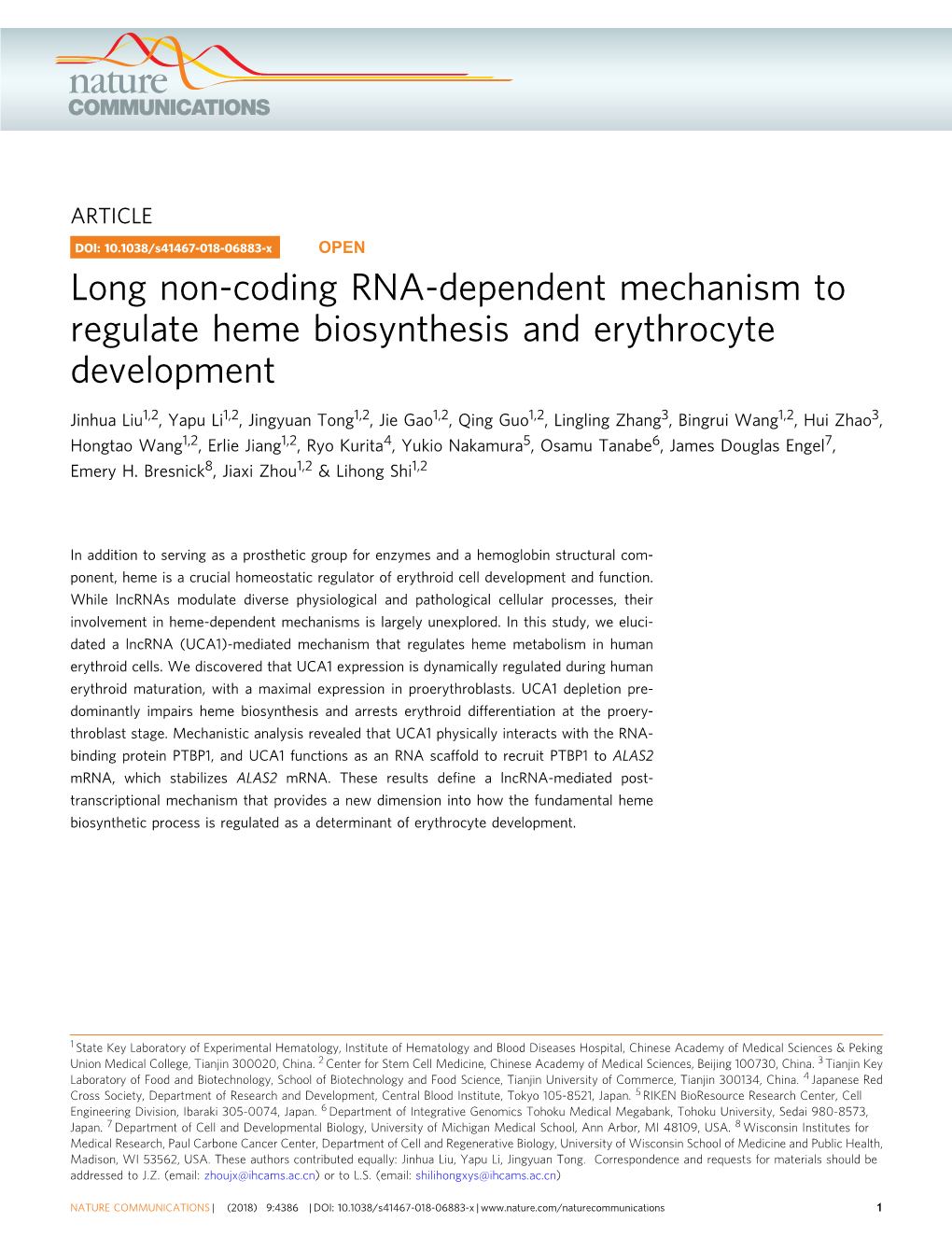 Long Non-Coding RNA-Dependent Mechanism to Regulate Heme Biosynthesis and Erythrocyte Development