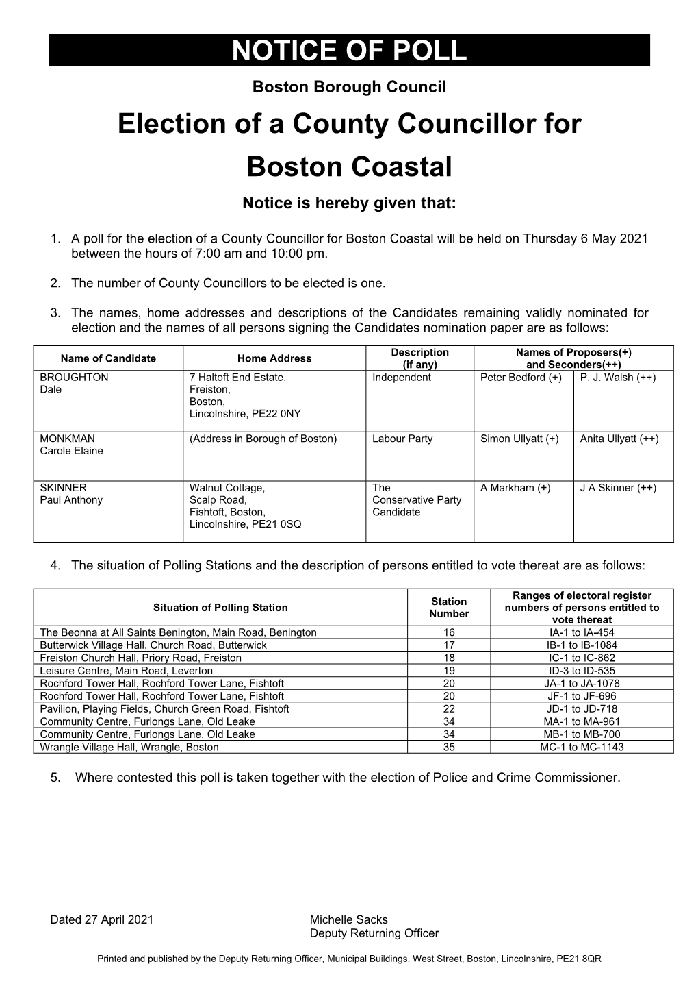 NOTICE of POLL Election of a County Councillor for Boston Coastal