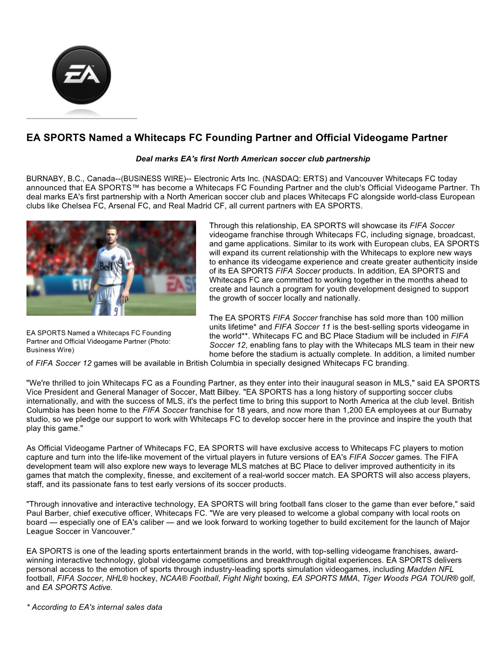 EA SPORTS Named a Whitecaps FC Founding Partner and Official Videogame Partner