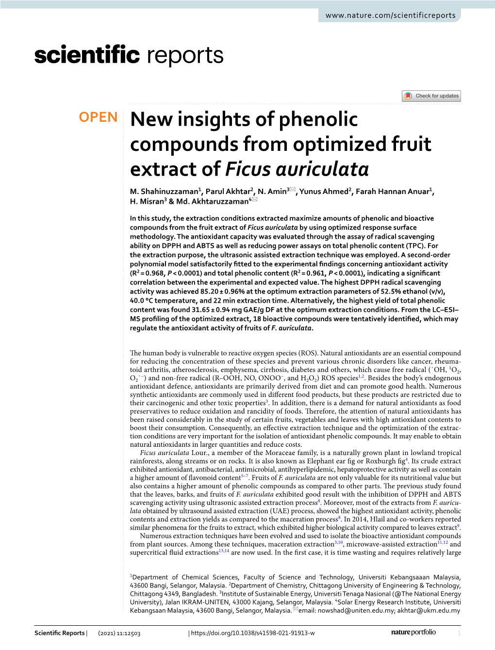 New Insights of Phenolic Compounds from Optimized Fruit Extract of Ficus Auriculata M