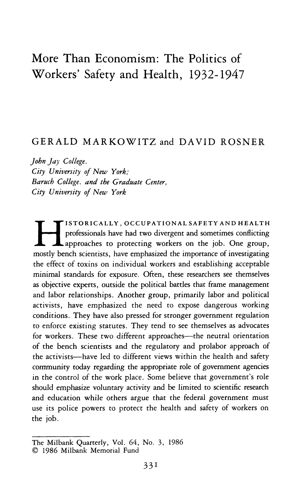 Than Economism: the Politics of Workers’ Safety and Health, 1932-1947