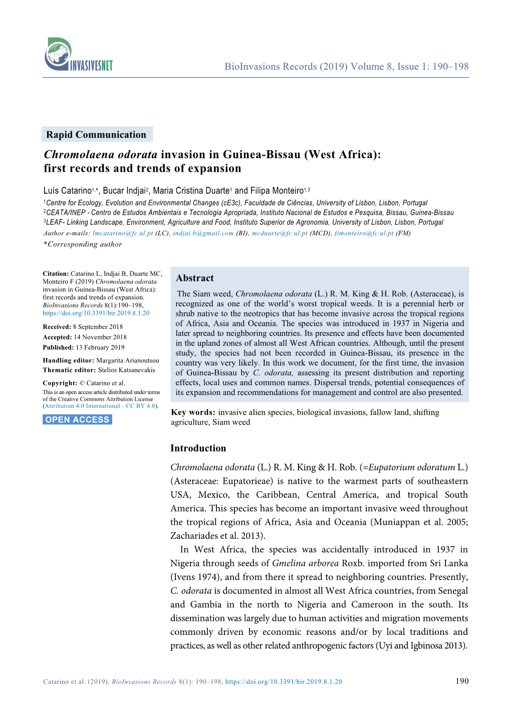 Chromolaena Odorata Invasion in Guinea-Bissau (West Africa): First Records and Trends of Expansion