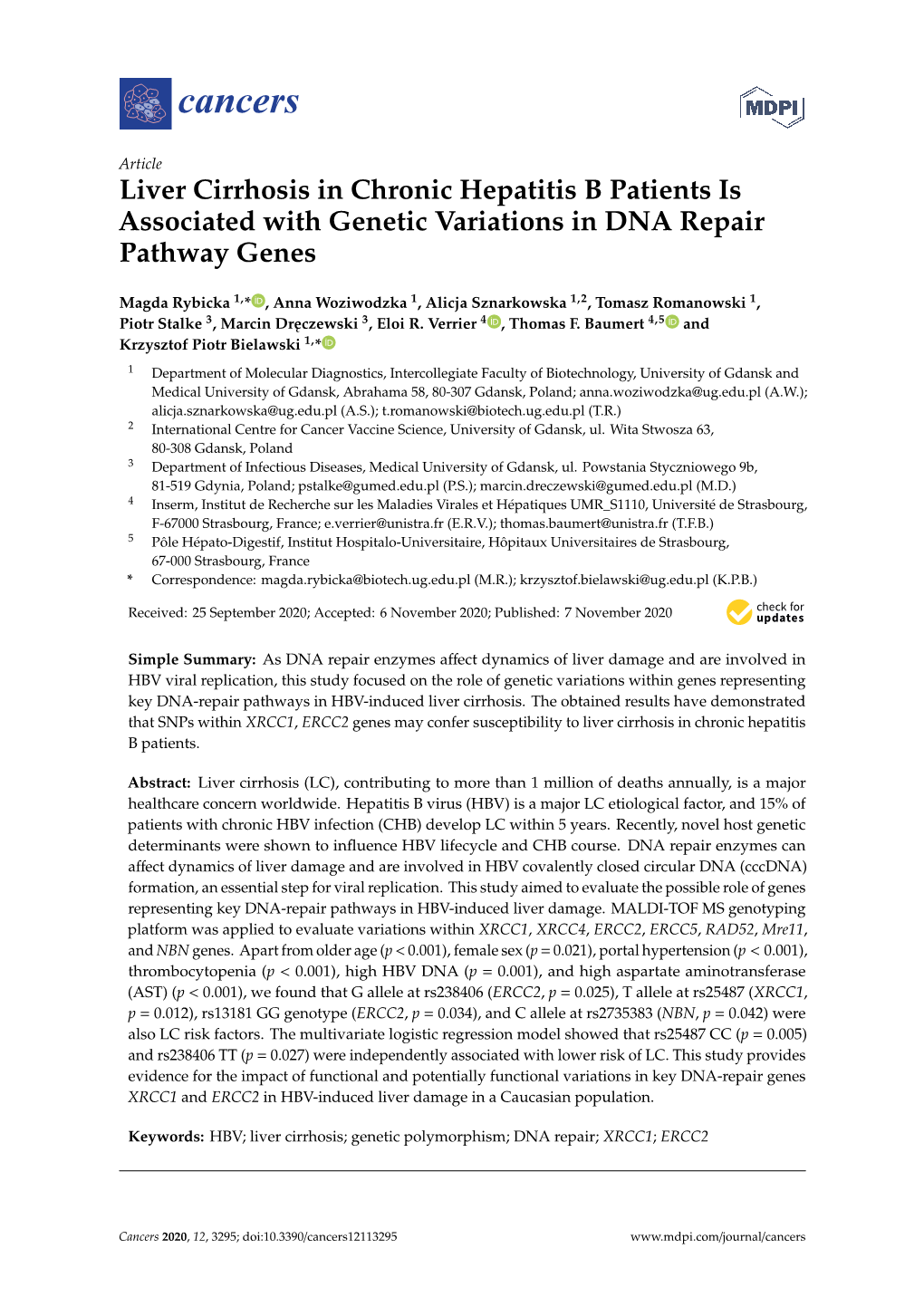 Liver Cirrhosis in Chronic Hepatitis B Patients Is Associated with Genetic Variations in DNA Repair Pathway Genes