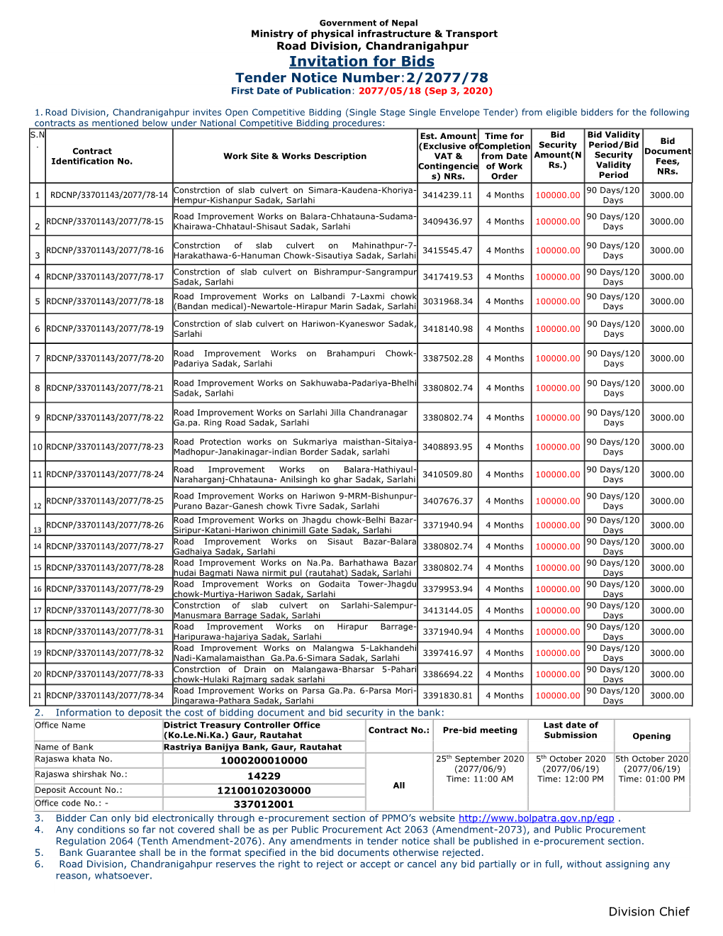 Invitation for Bids Tender Notice Number:2/2077/78 First Date of Publication: 2077/05/18 (Sep 3, 2020)