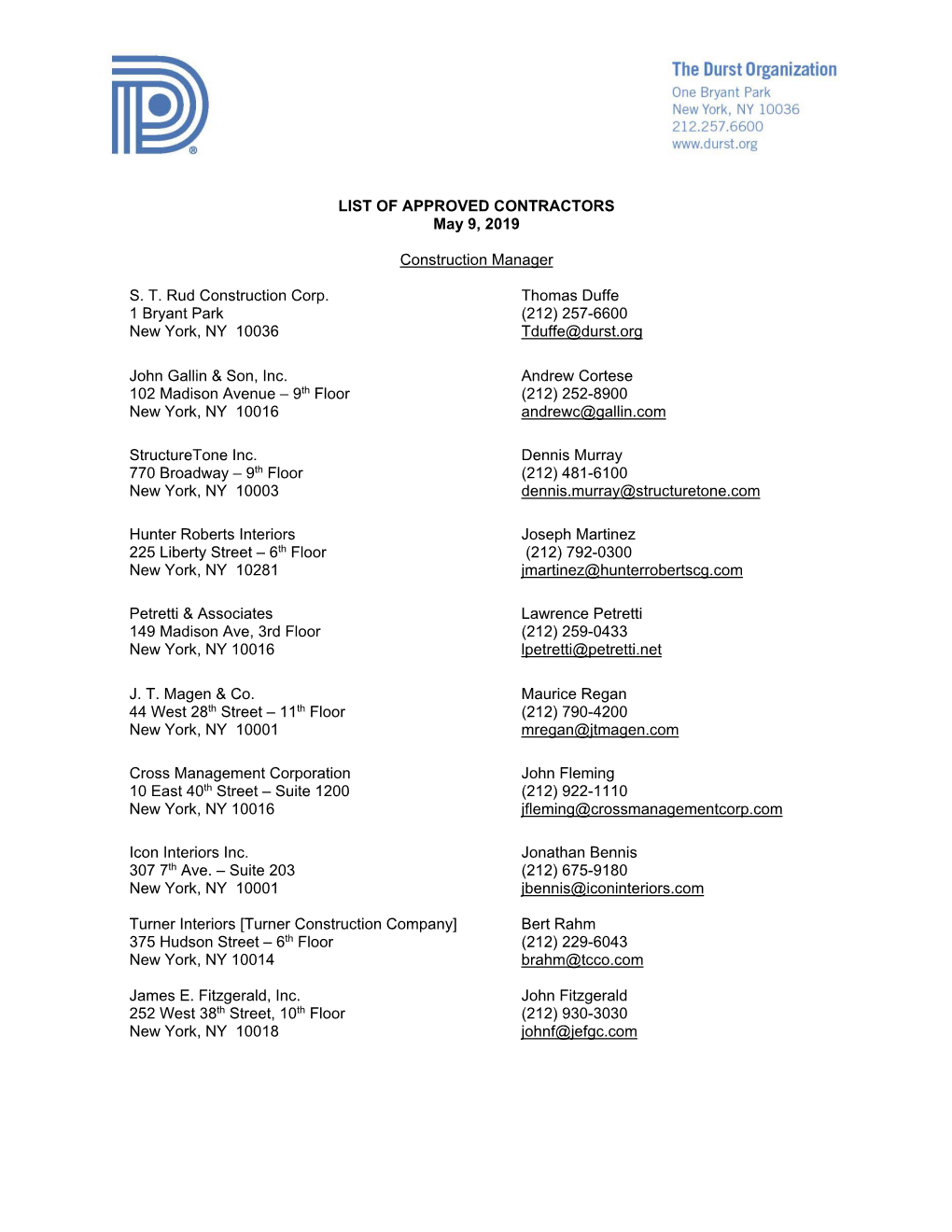 LIST of APPROVED CONTRACTORS May 9, 2019