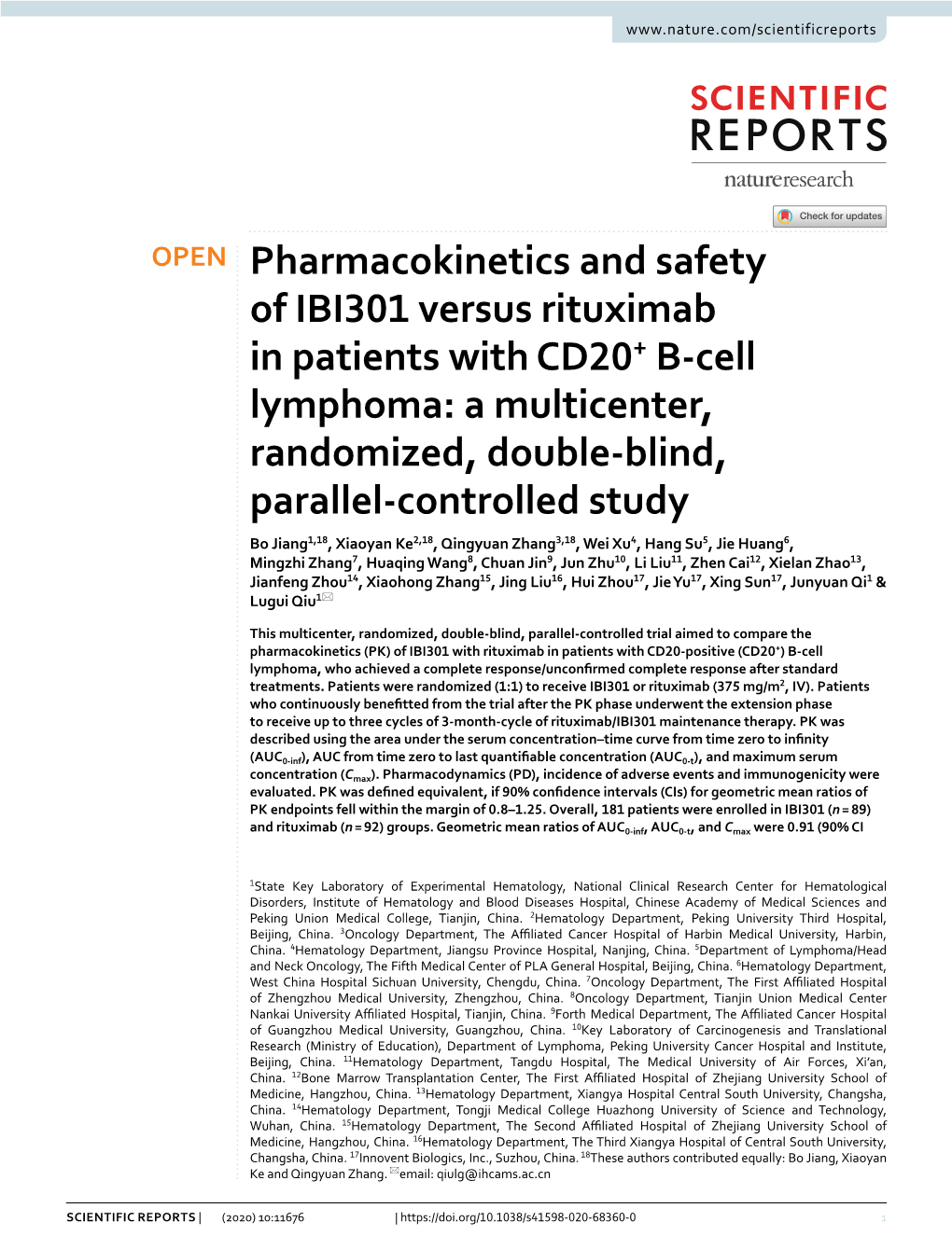 Pharmacokinetics and Safety of IBI301 Versus Rituximab in Patients With