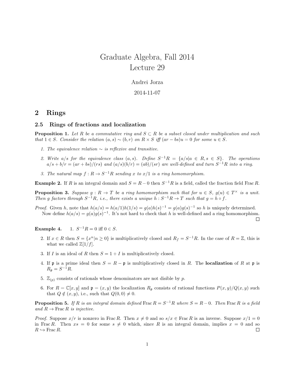 Graduate Algebra, Fall 2014 Lecture 29