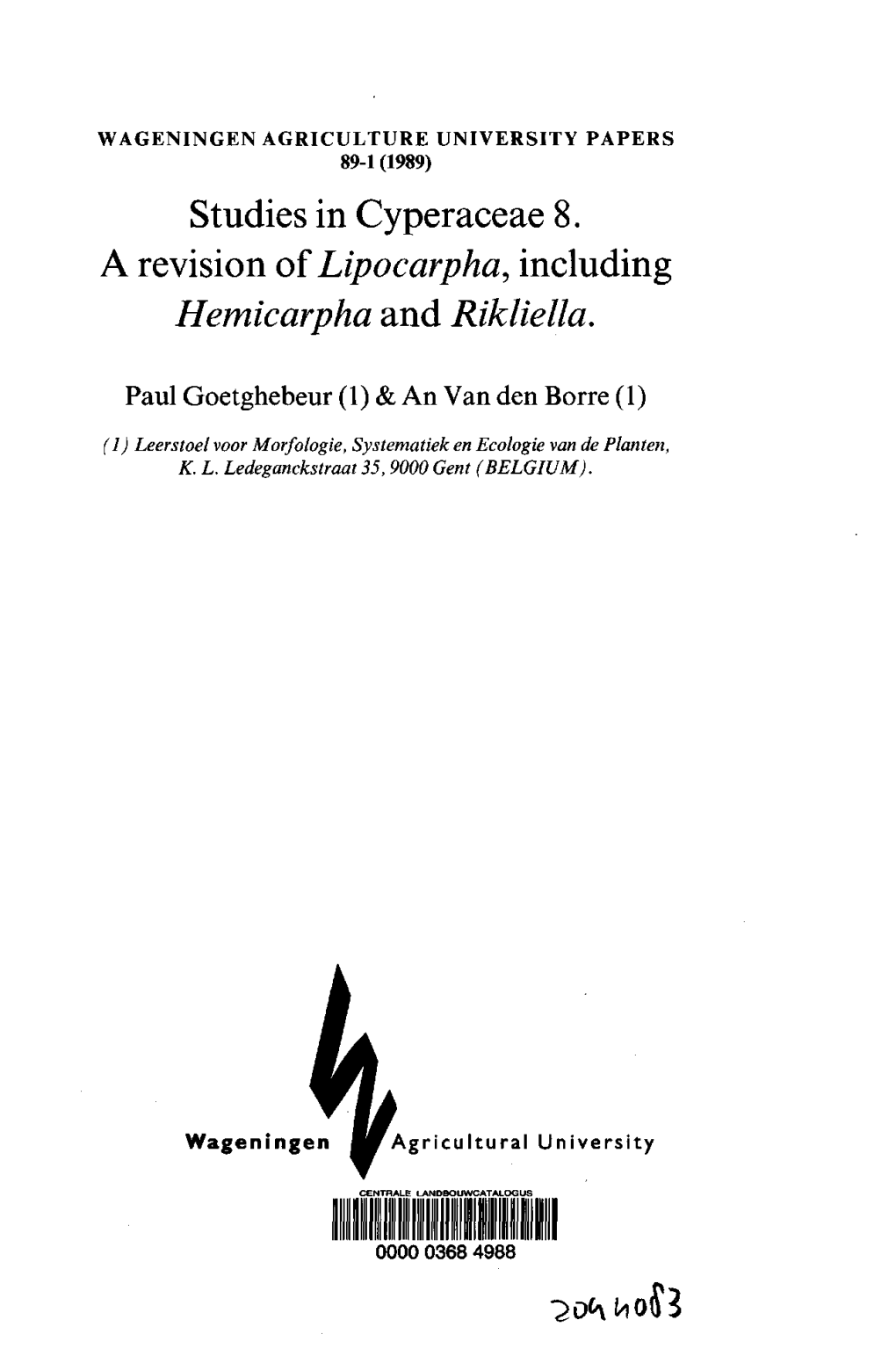 Studies in Cyperaceae 8. a Revision Oflipocarpha,Including