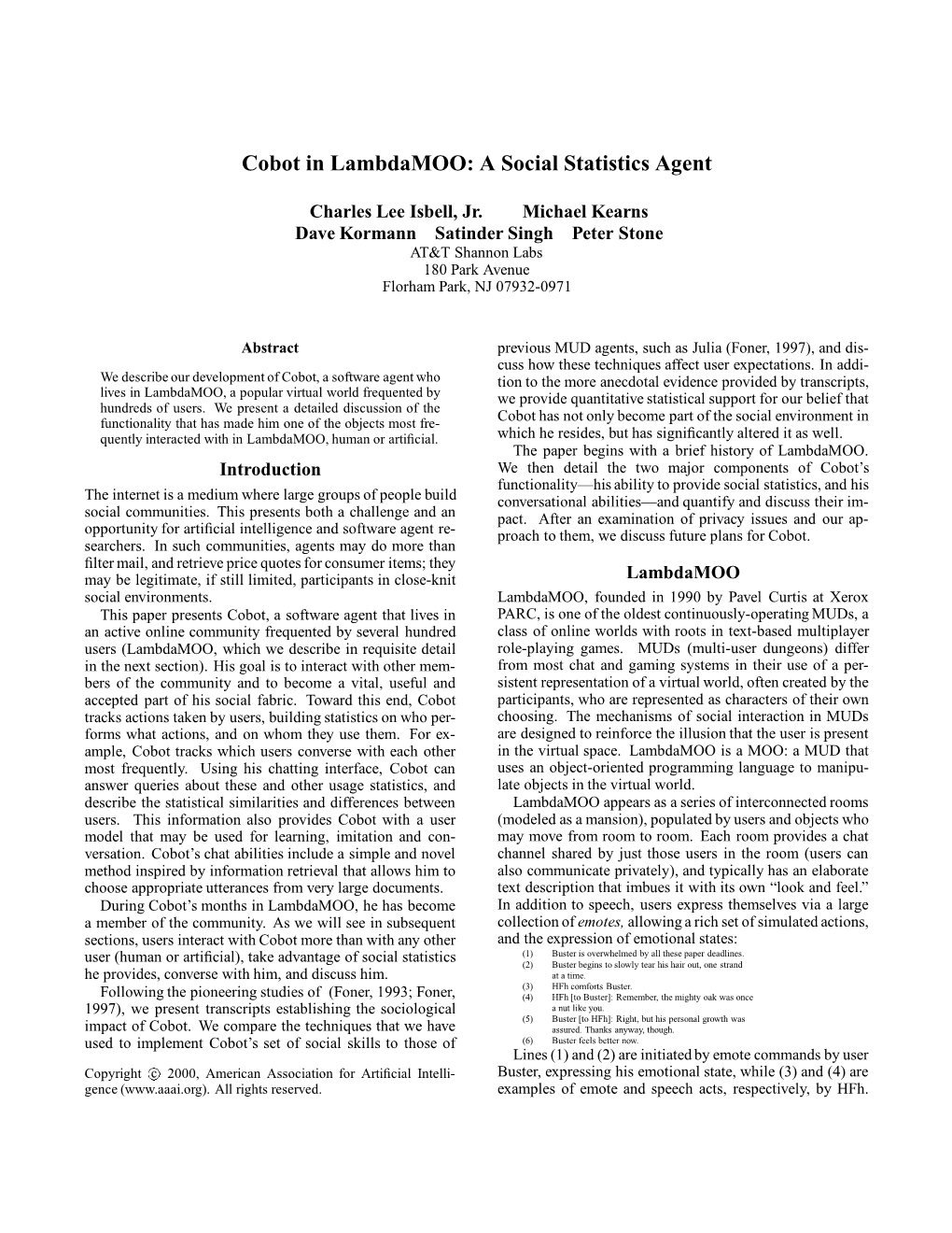 Cobot in Lambdamoo: a Social Statistics Agent