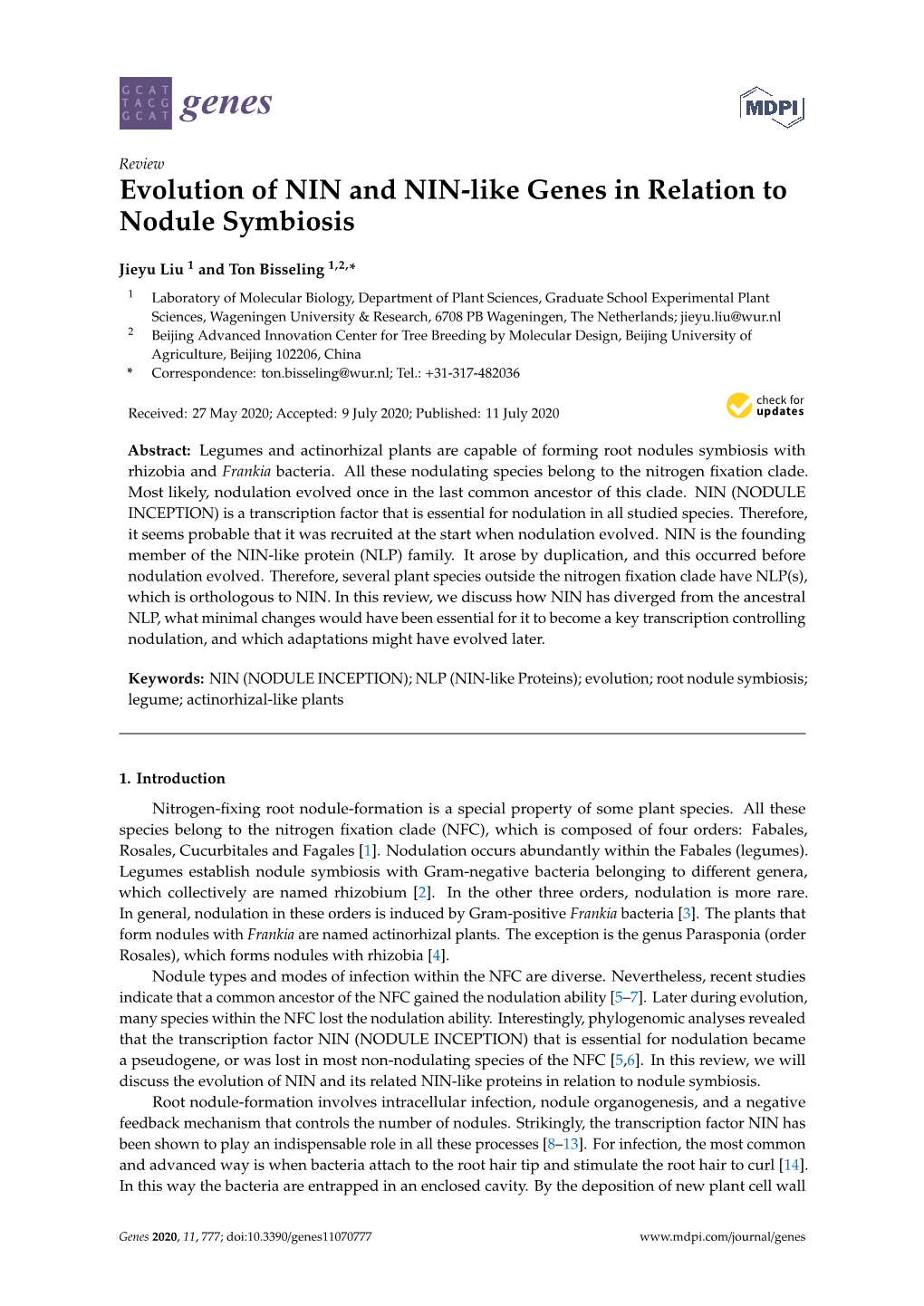 Evolution of NIN and NIN-Like Genes in Relation to Nodule Symbiosis