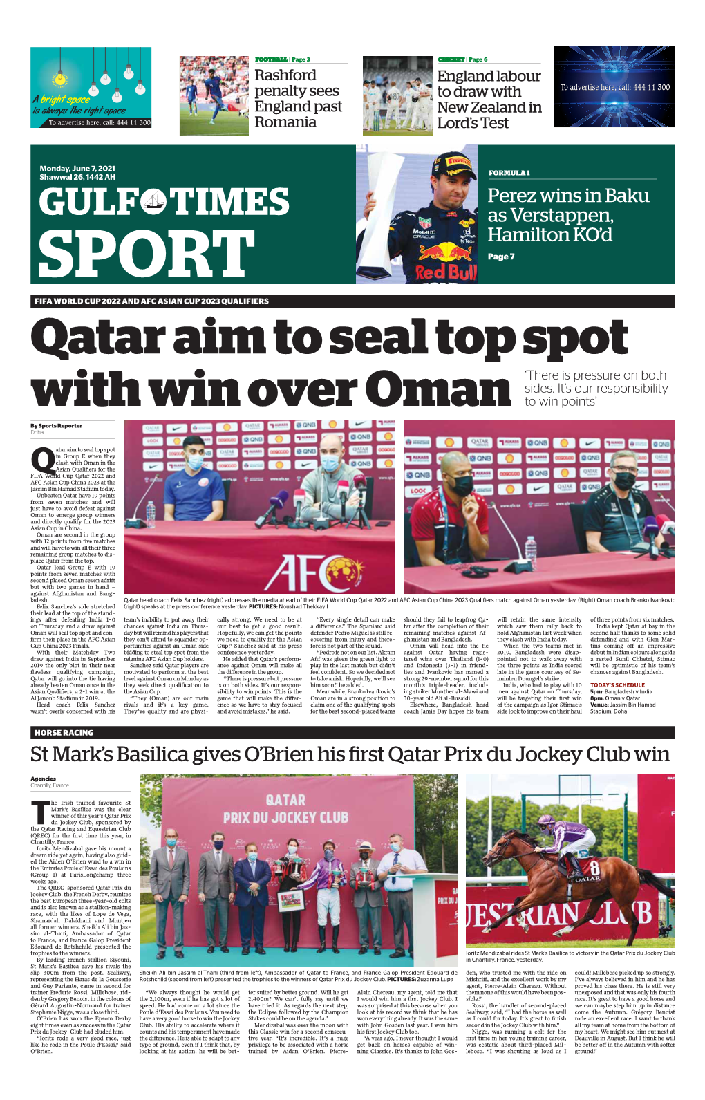 SPORT Page 7 FIFA WORLD CUP 2022 and AFC ASIAN CUP 2023 QUALIFIERS Qatar Aim to Seal Top Spot ‘There Is Pressure on Both Sides