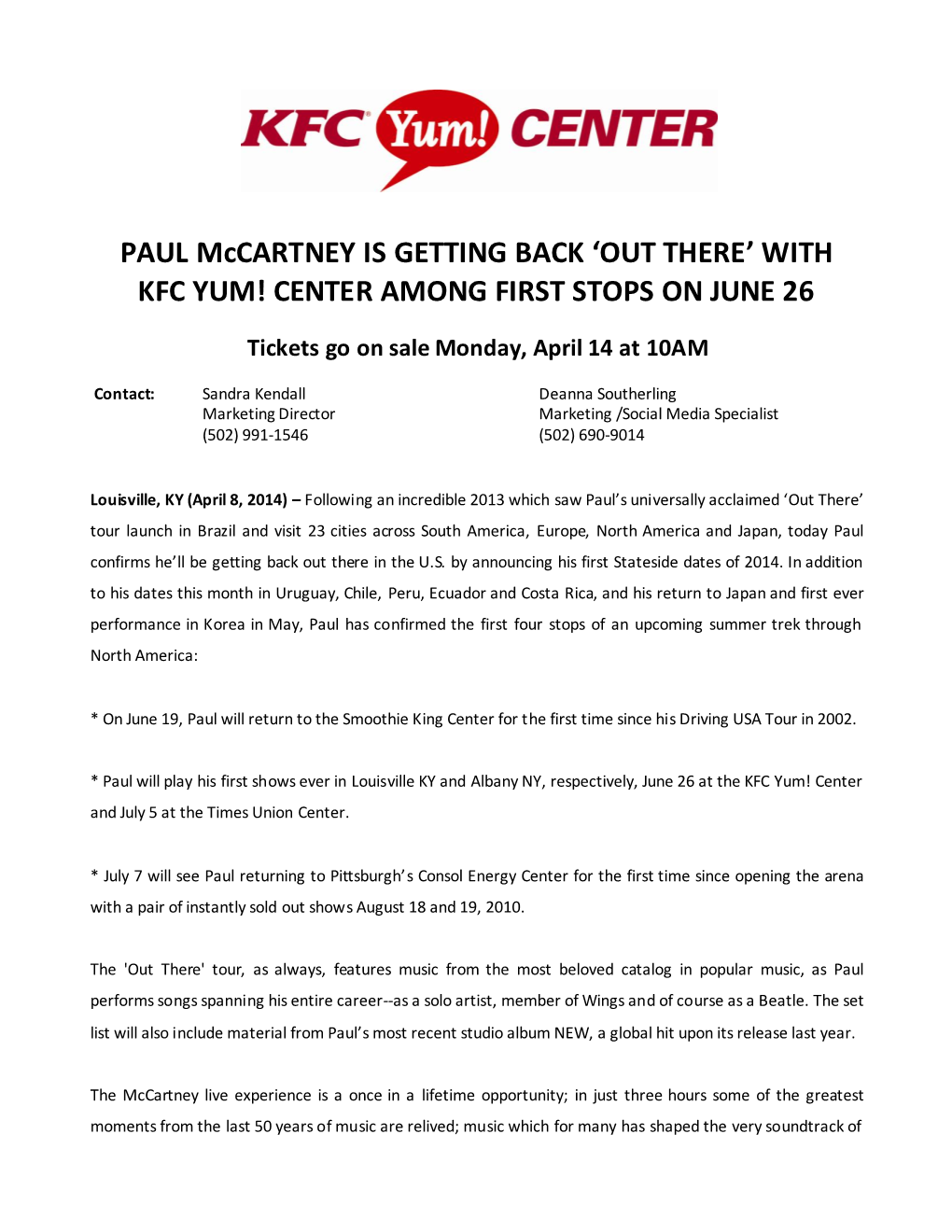 PAUL Mccartney IS GETTING BACK ‘OUT THERE’ with KFC YUM! CENTER AMONG FIRST STOPS on JUNE 26