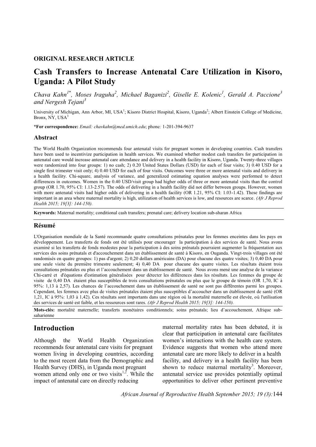 Cash Transfers to Increase Antenatal Care Utilization in Kisoro, Uganda: a Pilot Study