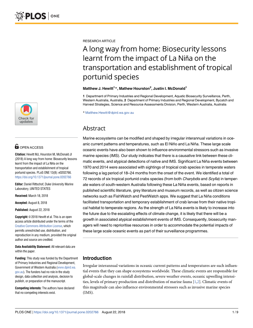 Biosecurity Lessons Learnt from the Impact of La Niña on the Transportation and Establishment of Tropical Portunid Species