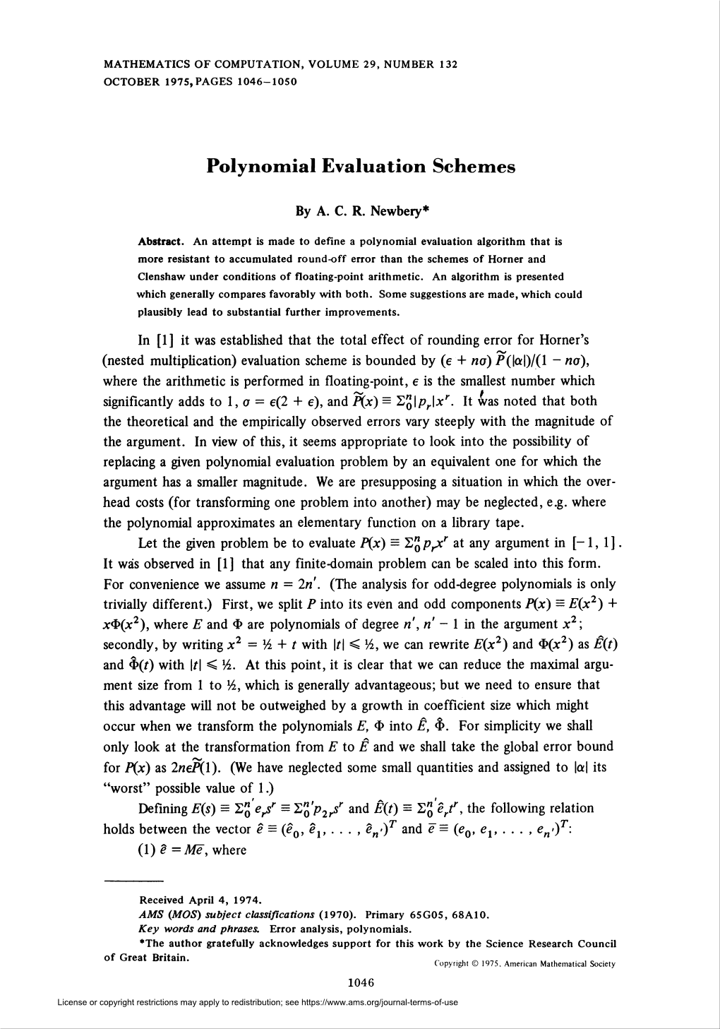 Polynomial Evaluation Schemes