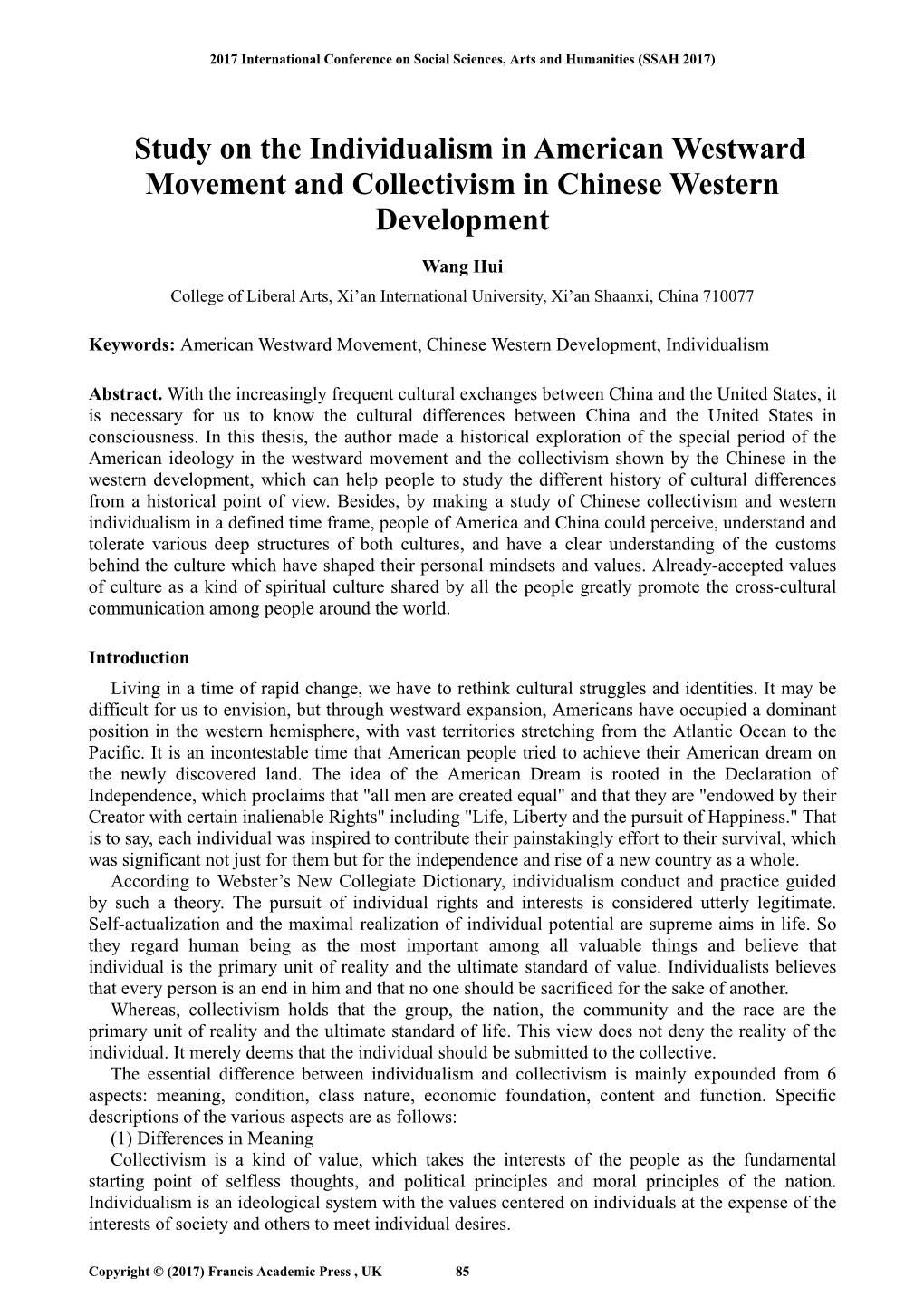 Study on the Individualism in American Westward Movement and Collectivism in Chinese Western Development